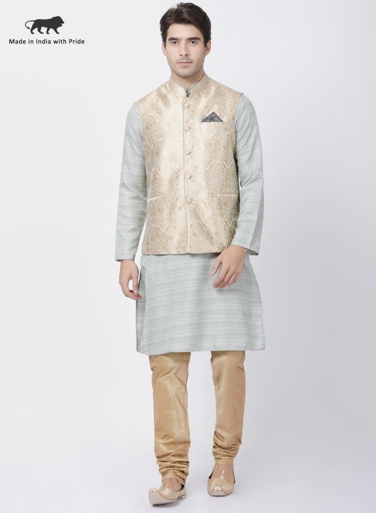 Men's Light Green Cotton Silk Blend Kurta, Ethnic Jacket and Pyjama Set