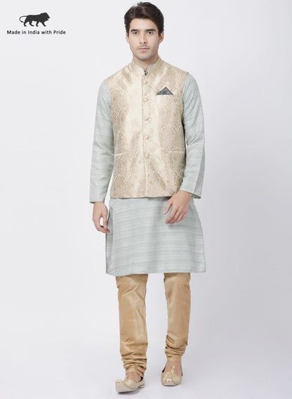 Men's Light Green Cotton Silk Blend Kurta, Ethnic Jacket and Pyjama Set
