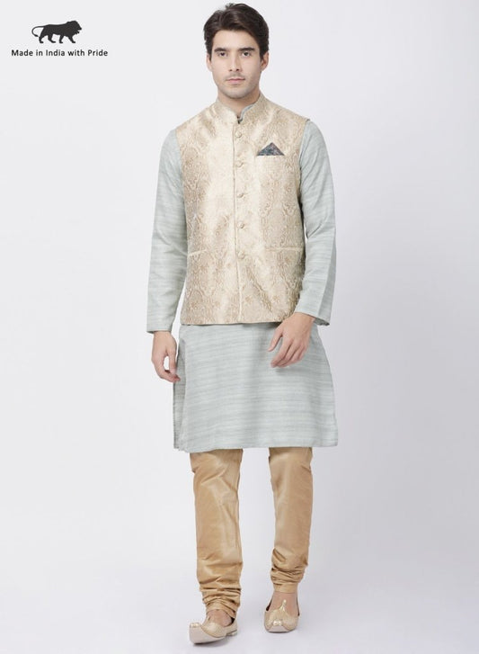 Men's Light Green Cotton Silk Blend Kurta, Ethnic Jacket and Pyjama Set