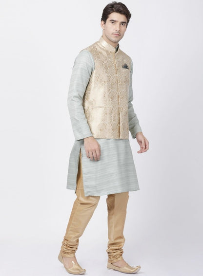 Men's Light Green Cotton Silk Blend Kurta, Ethnic Jacket and Pyjama Set
