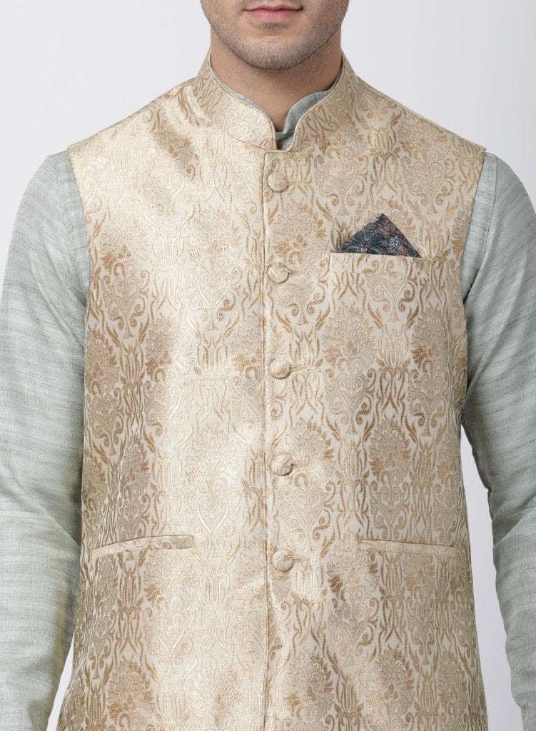 Men's Light Green Cotton Silk Blend Kurta, Ethnic Jacket and Pyjama Set