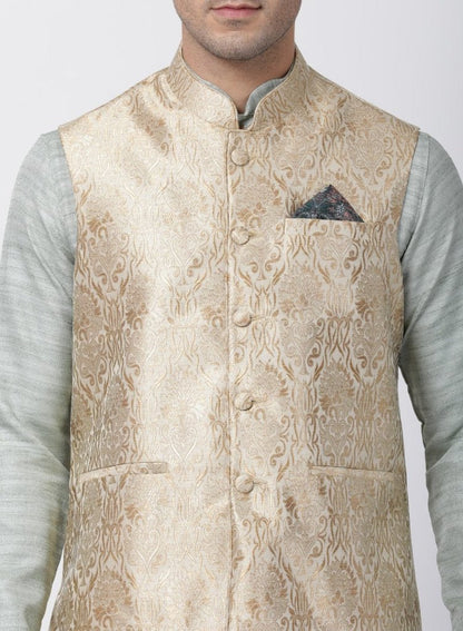 Men's Light Green Cotton Silk Blend Kurta, Ethnic Jacket and Pyjama Set