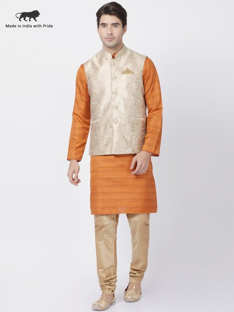 Men's Brown Cotton Silk Blend Kurta, Ethnic Jacket and Pyjama Set