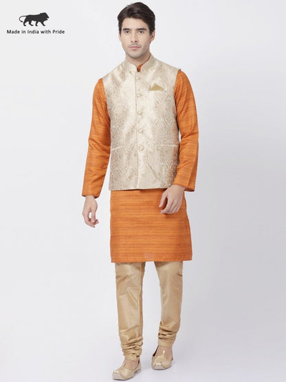 Men's Brown Cotton Silk Blend Kurta, Ethnic Jacket and Pyjama Set