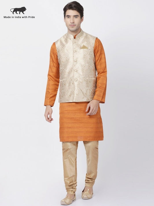 Men's Brown Cotton Silk Blend Kurta, Ethnic Jacket and Pyjama Set