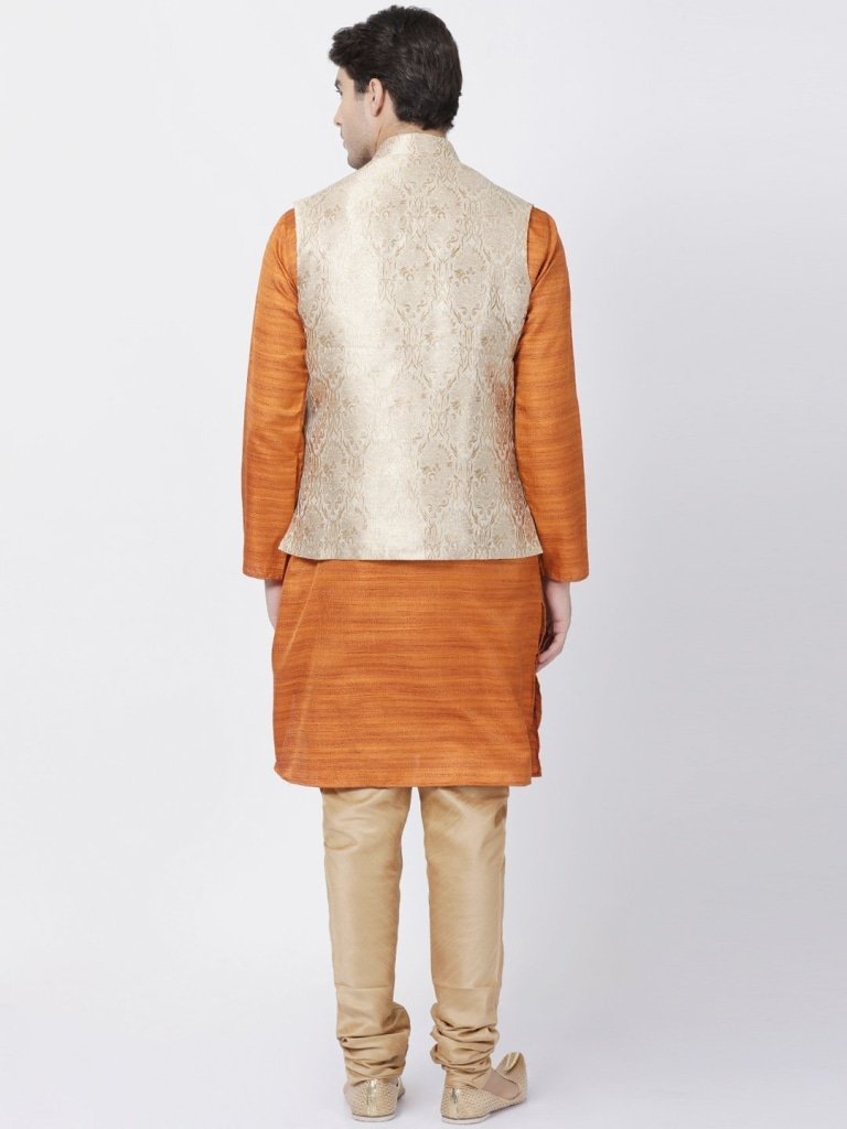 Men's Brown Cotton Silk Blend Kurta, Ethnic Jacket and Pyjama Set