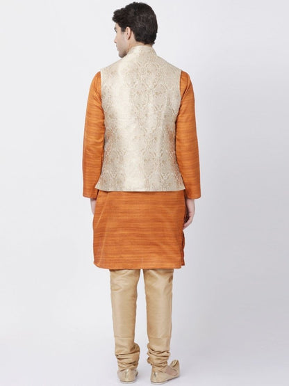 Men's Brown Cotton Silk Blend Kurta, Ethnic Jacket and Pyjama Set