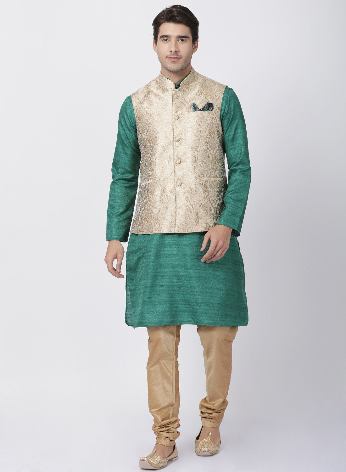 Men's Green Cotton Silk Blend Kurta, Ethnic Jacket and Pyjama Set