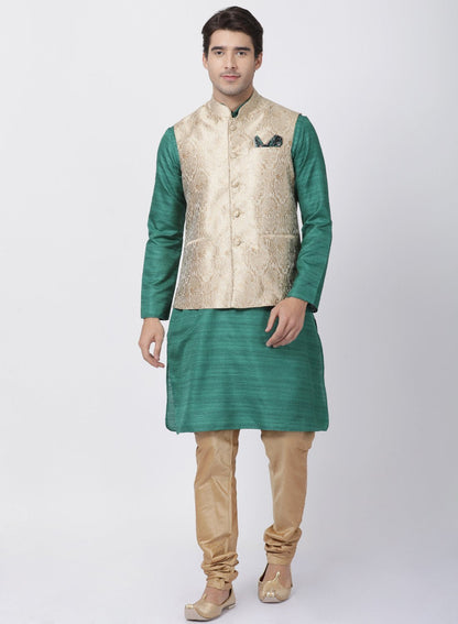 Men's Green Cotton Silk Blend Kurta, Ethnic Jacket and Pyjama Set
