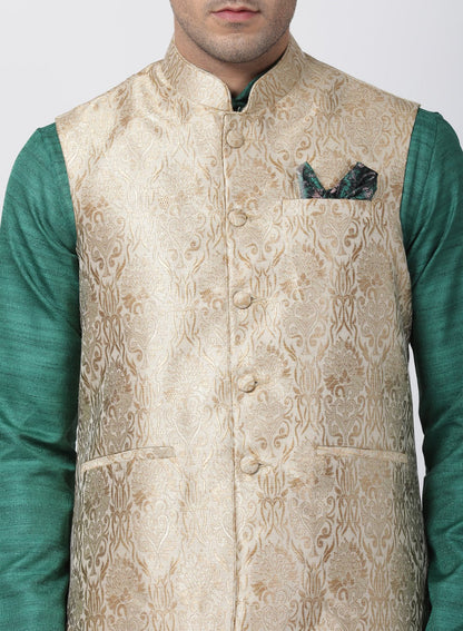 Men's Green Cotton Silk Blend Kurta, Ethnic Jacket and Pyjama Set