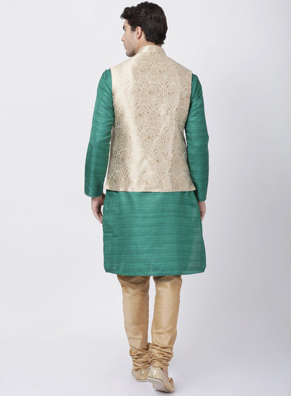 Men's Green Cotton Silk Blend Kurta, Ethnic Jacket and Pyjama Set