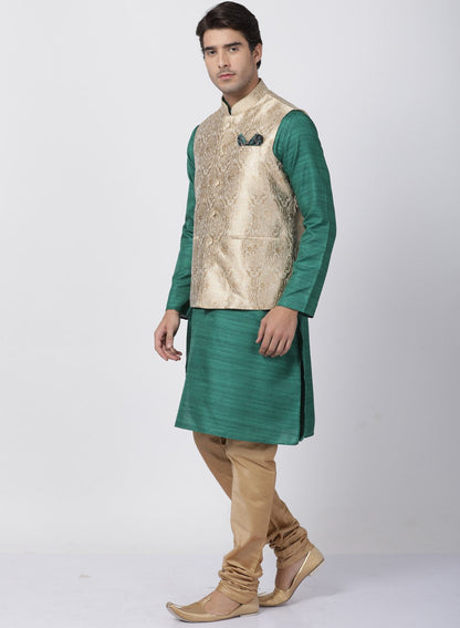 Men's Green Cotton Silk Blend Kurta, Ethnic Jacket and Pyjama Set