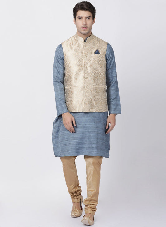 Men's Grey Cotton Silk Blend Kurta, Ethnic Jacket and Pyjama Set