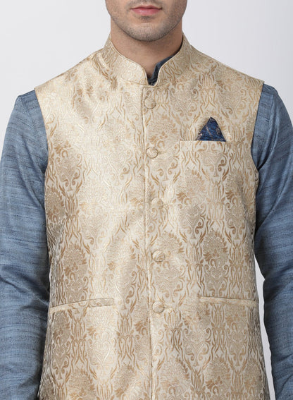 Men's Grey Cotton Silk Blend Kurta, Ethnic Jacket and Pyjama Set