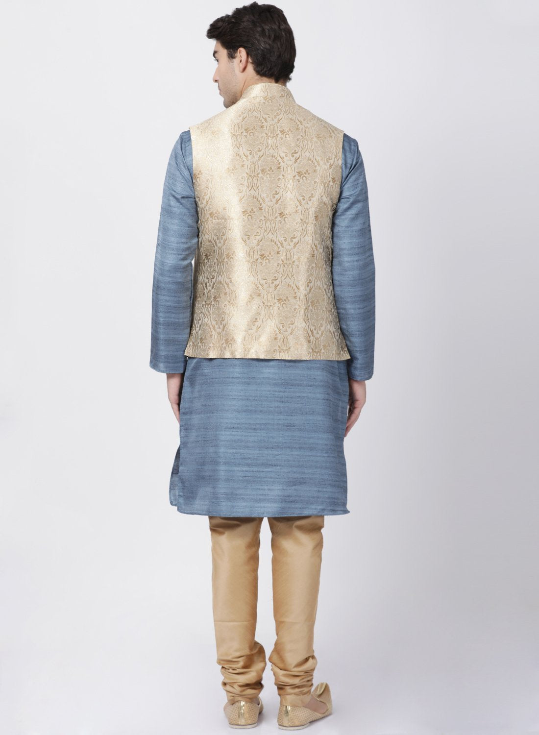 Men's Grey Cotton Silk Blend Kurta, Ethnic Jacket and Pyjama Set