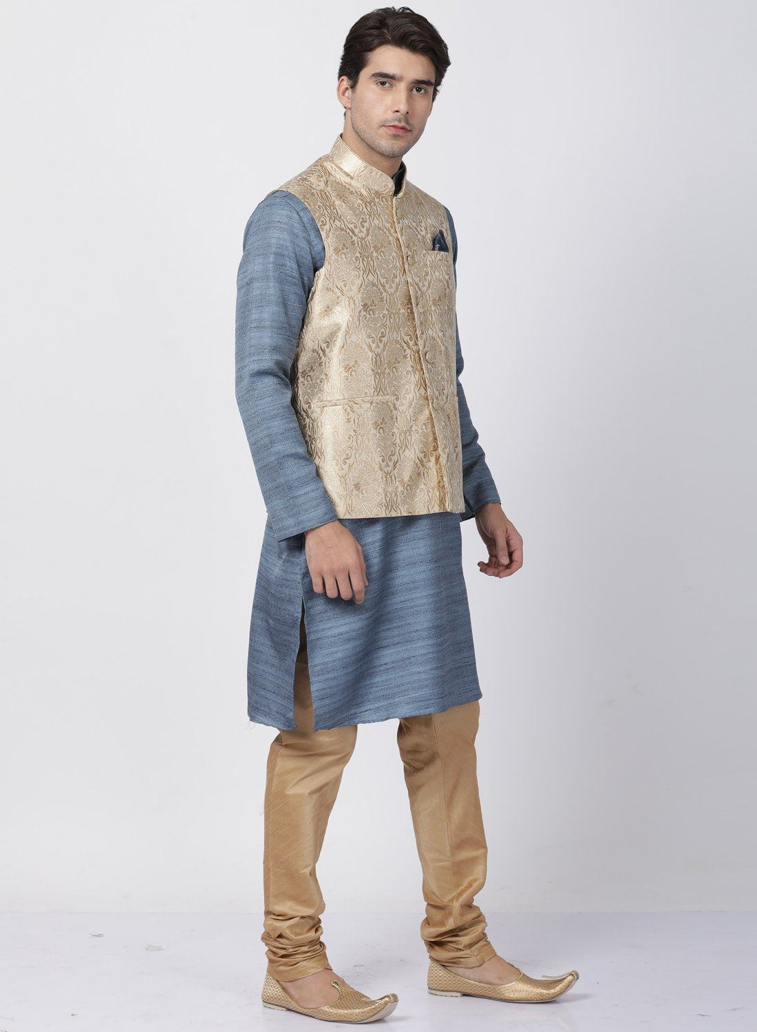 Men's Grey Cotton Silk Blend Kurta, Ethnic Jacket and Pyjama Set