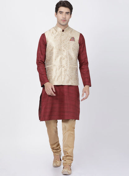 Men's Maroon Cotton Silk Blend Kurta, Ethnic Jacket and Pyjama Set