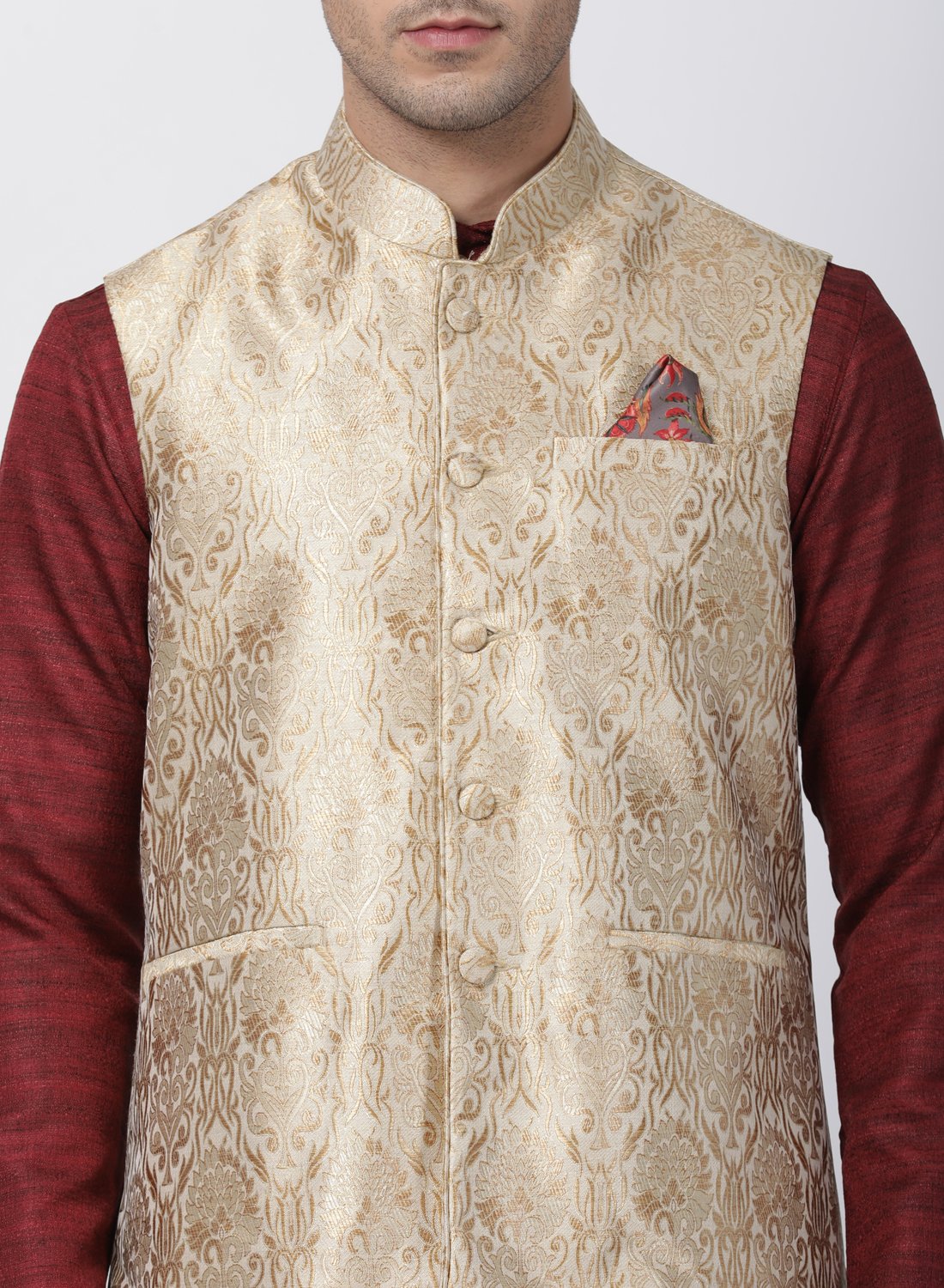 Men's Maroon Cotton Silk Blend Kurta, Ethnic Jacket and Pyjama Set