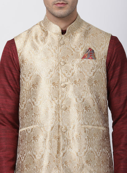 Men's Maroon Cotton Silk Blend Kurta, Ethnic Jacket and Pyjama Set