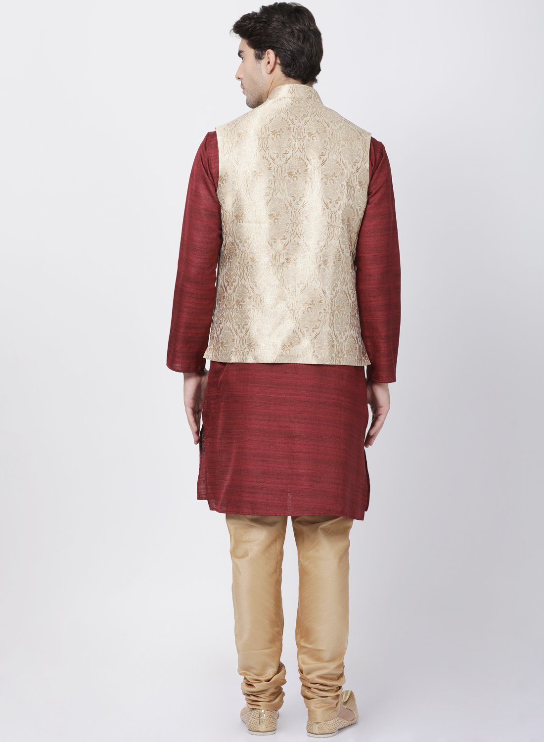 Men's Maroon Cotton Silk Blend Kurta, Ethnic Jacket and Pyjama Set