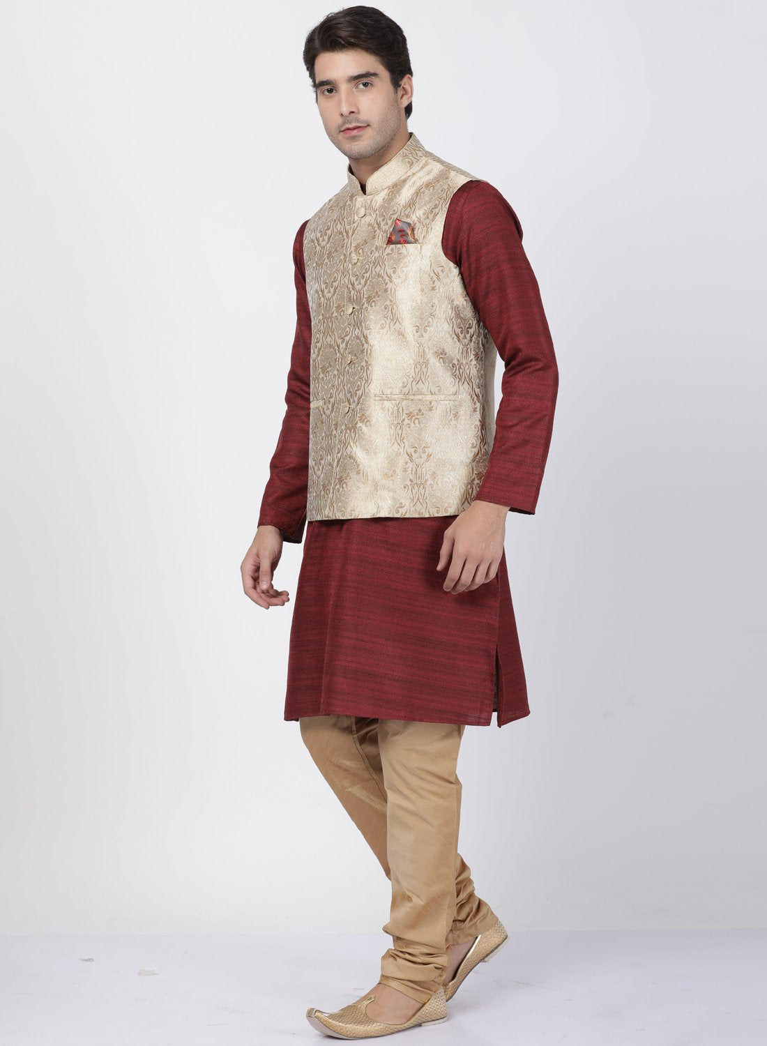 Men's Maroon Cotton Silk Blend Kurta, Ethnic Jacket and Pyjama Set