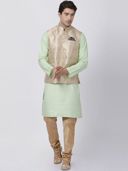 Men's Light Green Cotton Silk Blend Kurta, Ethnic Jacket and Pyjama Set