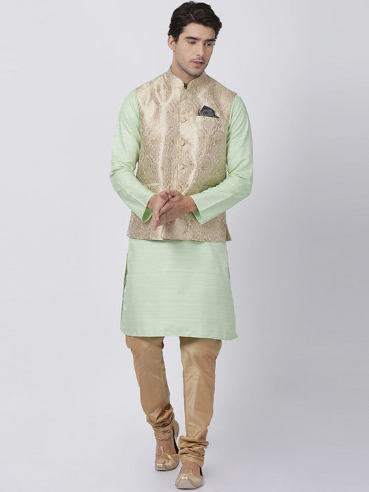 Men's Light Green Cotton Silk Blend Kurta, Ethnic Jacket and Pyjama Set