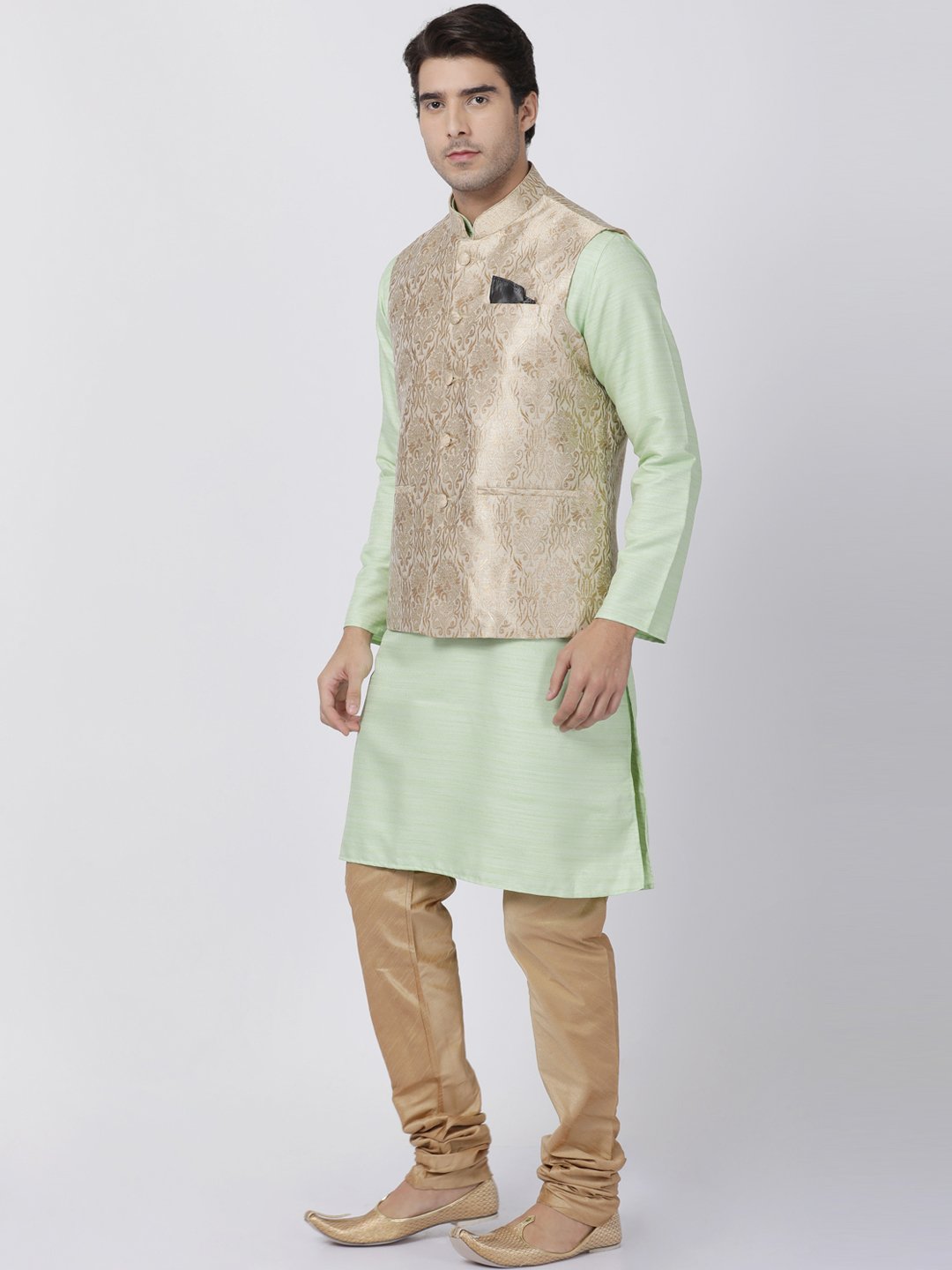 Men's Light Green Cotton Silk Blend Kurta, Ethnic Jacket and Pyjama Set