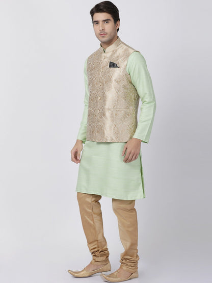 Men's Light Green Cotton Silk Blend Kurta, Ethnic Jacket and Pyjama Set