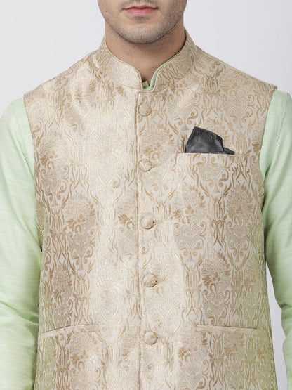 Men's Light Green Cotton Silk Blend Kurta, Ethnic Jacket and Pyjama Set
