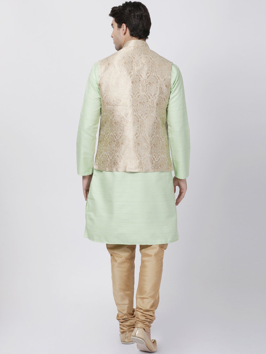 Men's Light Green Cotton Silk Blend Kurta, Ethnic Jacket and Pyjama Set