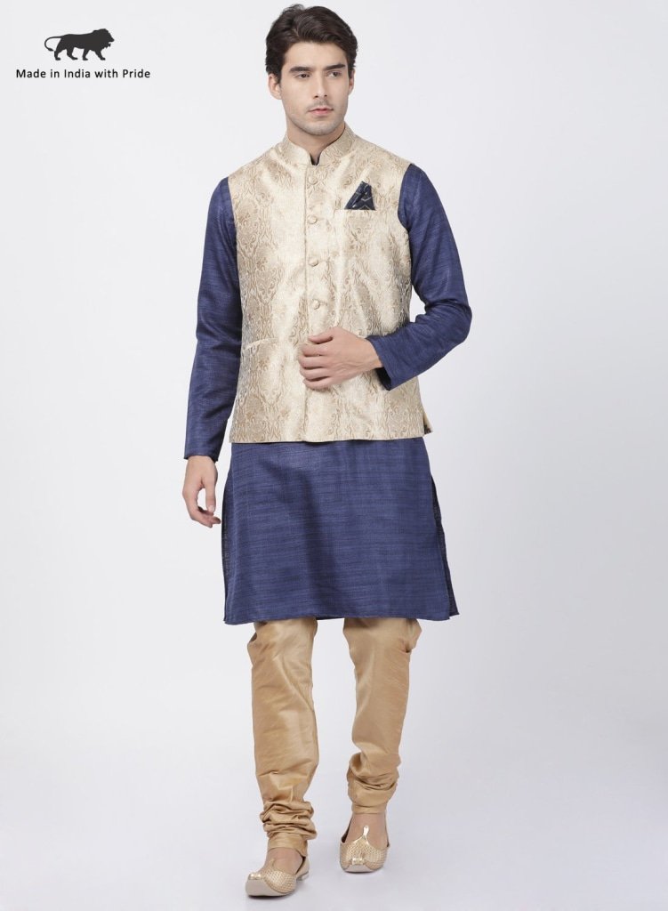 Men's Dark Blue Cotton Silk Blend Kurta, Ethnic Jacket and Pyjama Set