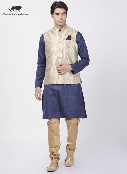 Men's Dark Blue Cotton Silk Blend Kurta, Ethnic Jacket and Pyjama Set