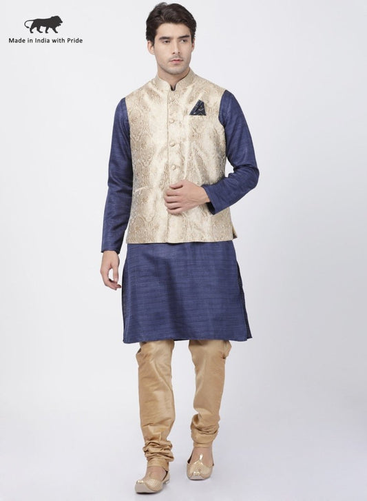Men's Dark Blue Cotton Silk Blend Kurta, Ethnic Jacket and Pyjama Set