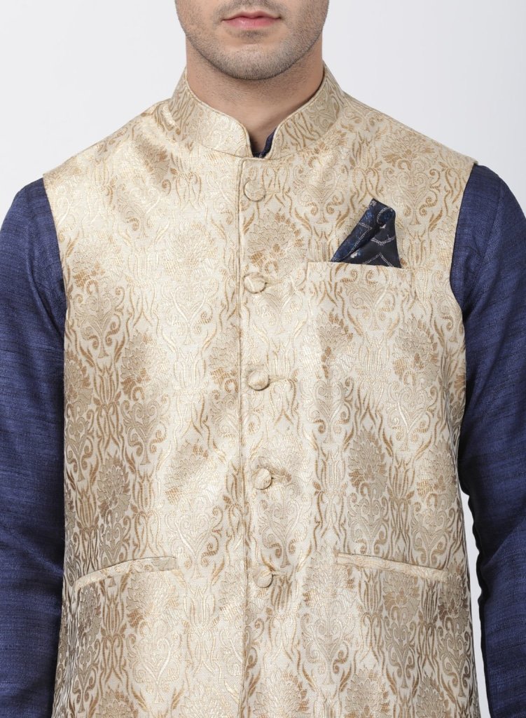 Men's Dark Blue Cotton Silk Blend Kurta, Ethnic Jacket and Pyjama Set