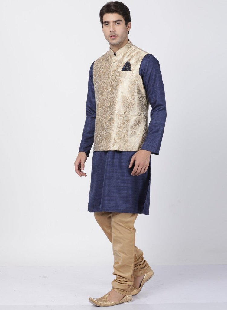 Men's Dark Blue Cotton Silk Blend Kurta, Ethnic Jacket and Pyjama Set