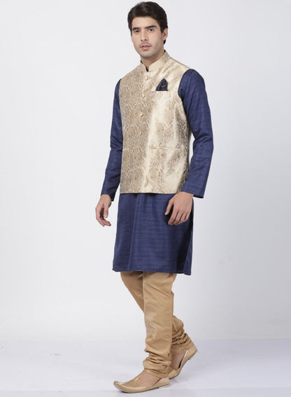 Men's Dark Blue Cotton Silk Blend Kurta, Ethnic Jacket and Pyjama Set