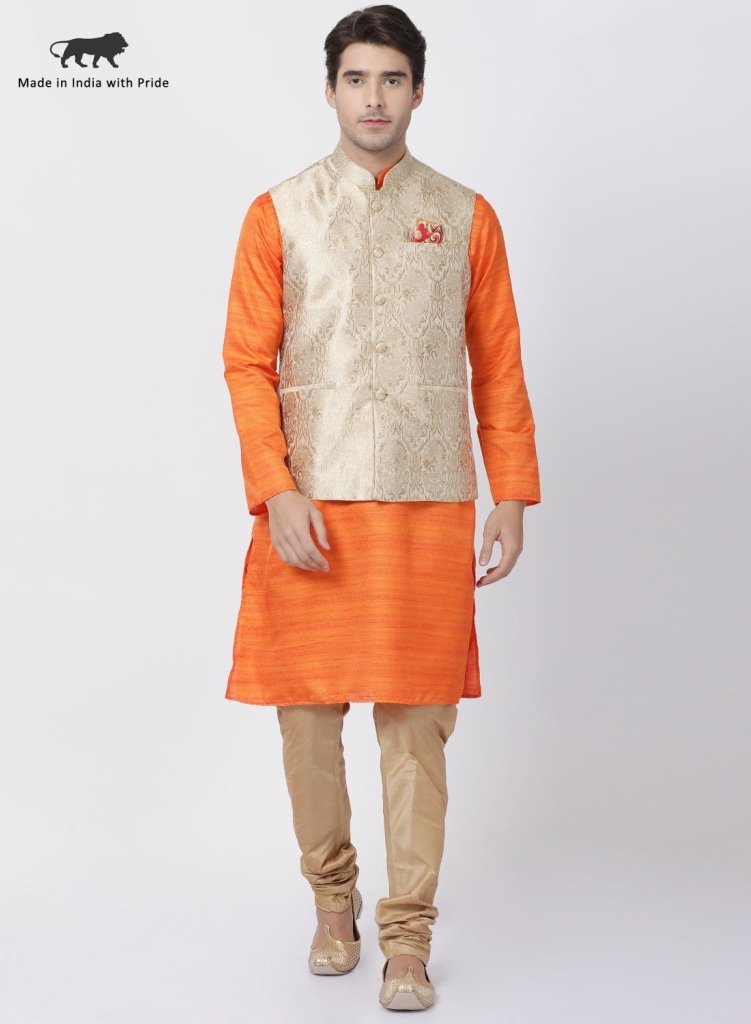 Men's Orange Cotton Silk Blend Kurta, Ethnic Jacket and Pyjama Set