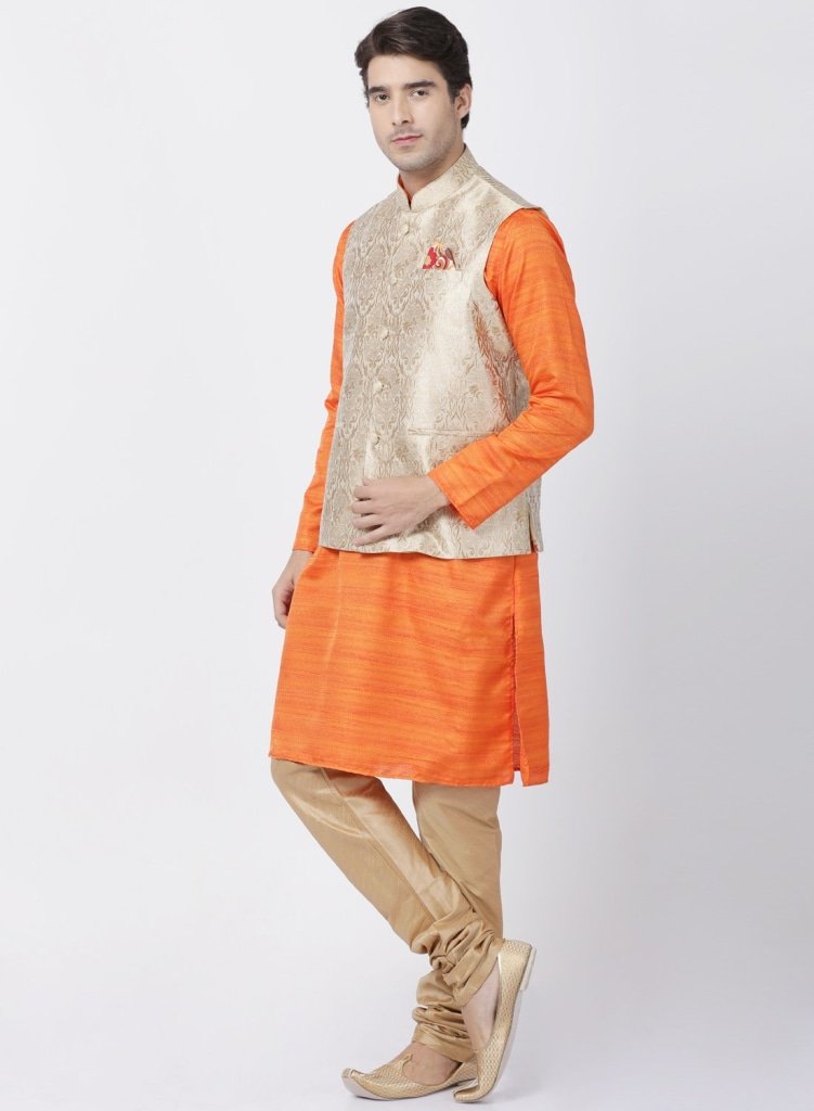 Men's Orange Cotton Silk Blend Kurta, Ethnic Jacket and Pyjama Set