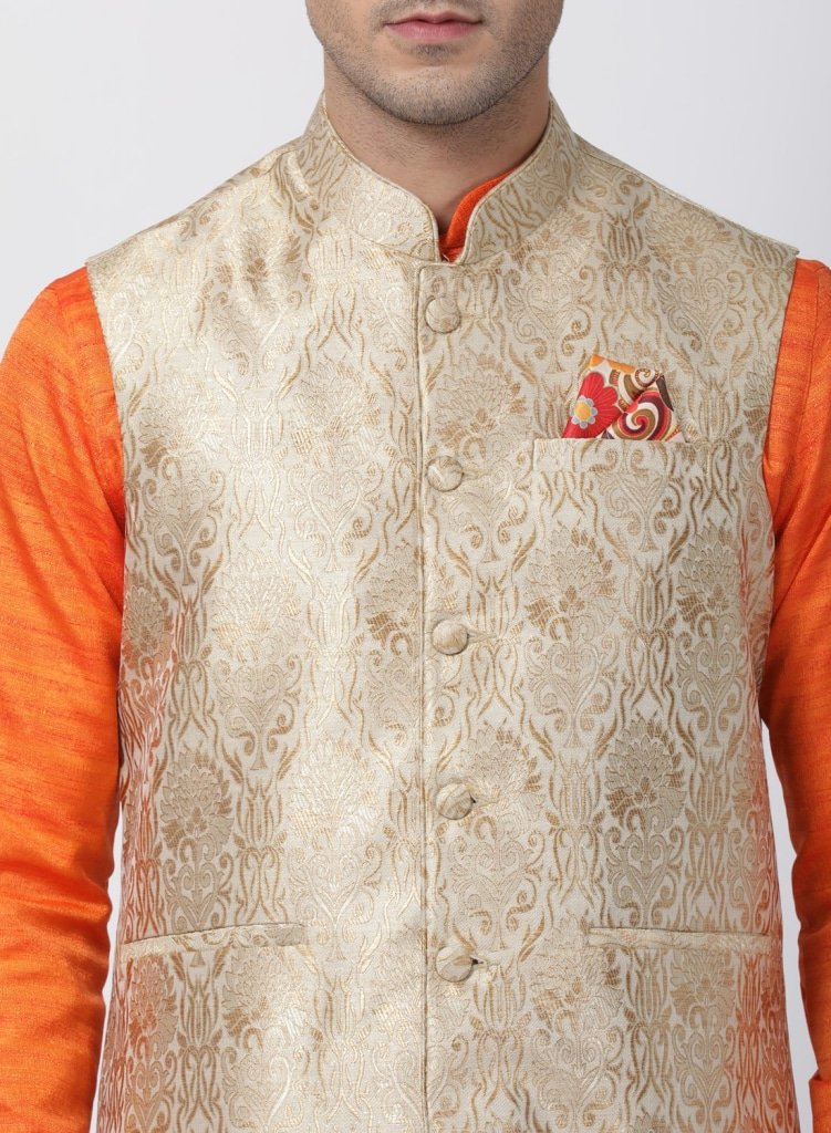 Men's Orange Cotton Silk Blend Kurta, Ethnic Jacket and Pyjama Set