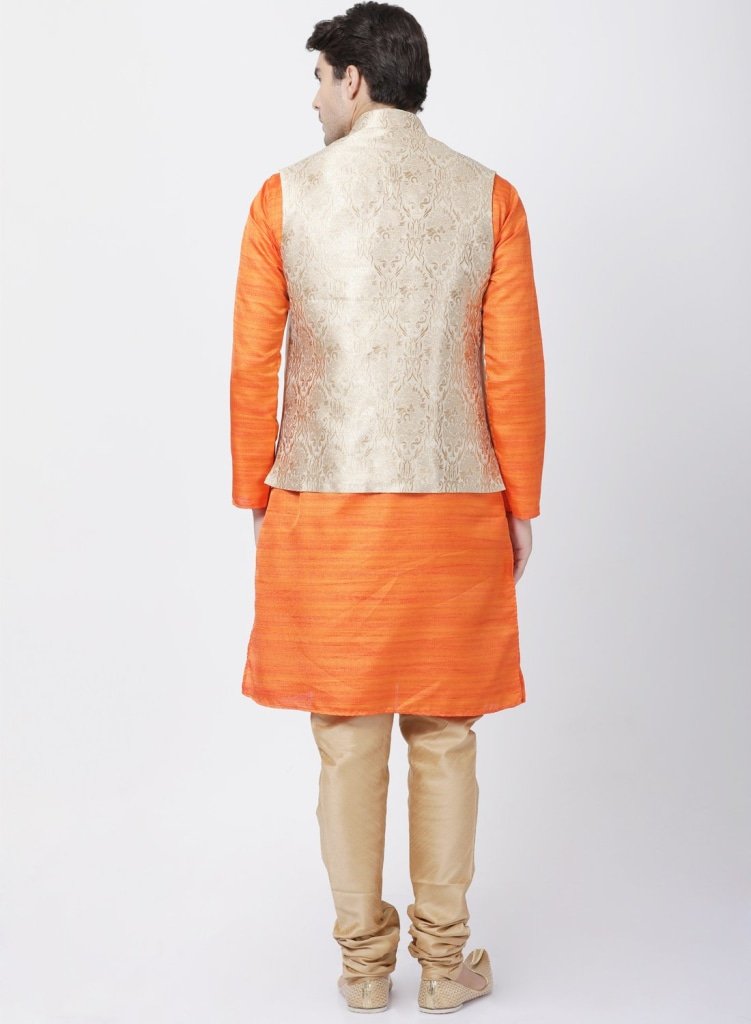 Men's Orange Cotton Silk Blend Kurta, Ethnic Jacket and Pyjama Set