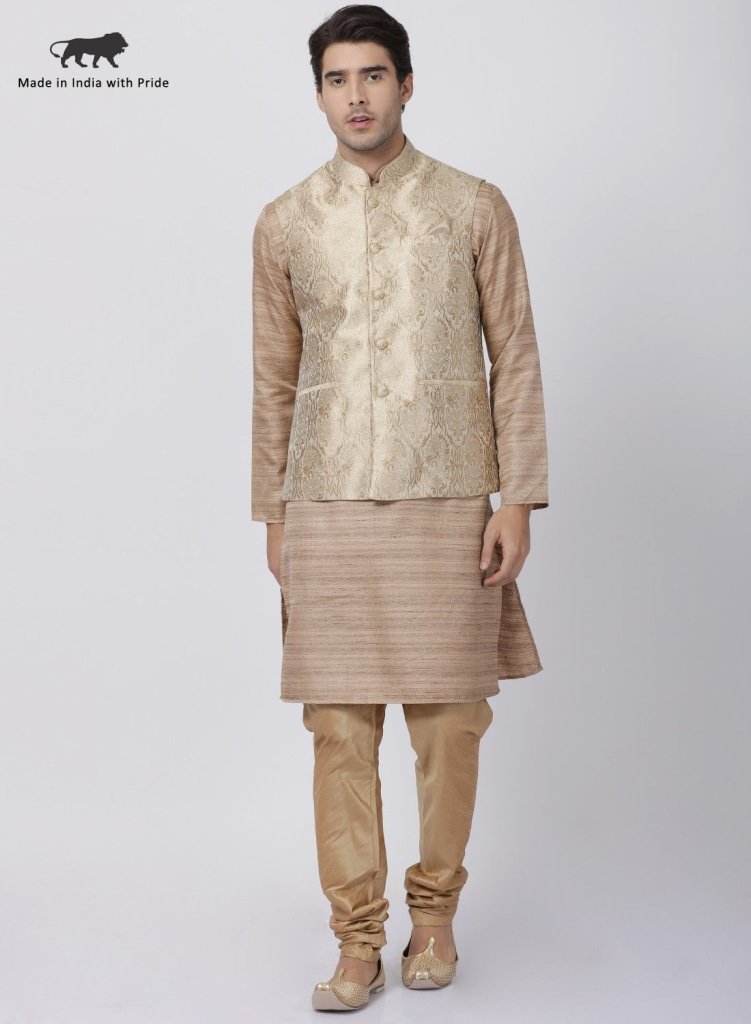 Men's Gold Cotton Silk Blend Kurta, Ethnic Jacket and Pyjama Set