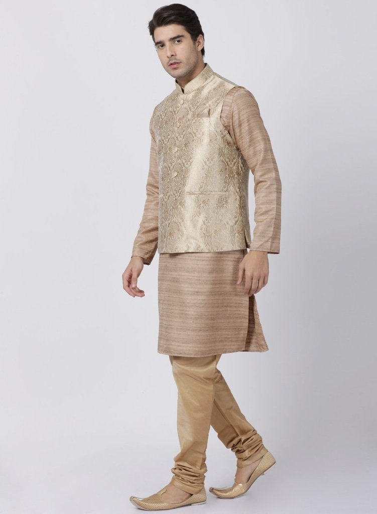 Men's Gold Cotton Silk Blend Kurta, Ethnic Jacket and Pyjama Set