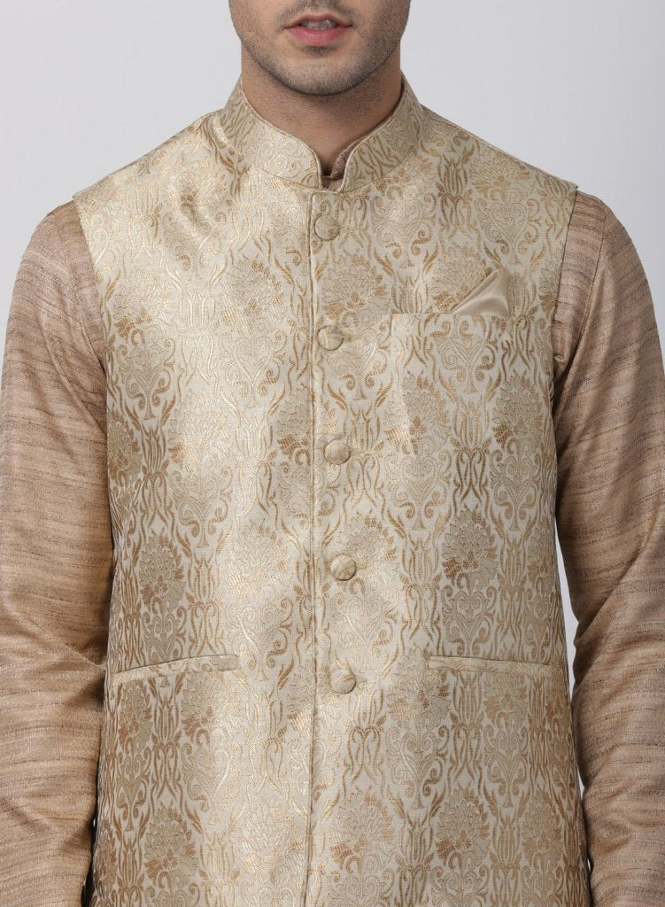Men's Gold Cotton Silk Blend Kurta, Ethnic Jacket and Pyjama Set