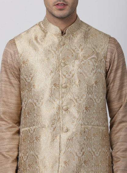 Men's Gold Cotton Silk Blend Kurta, Ethnic Jacket and Pyjama Set