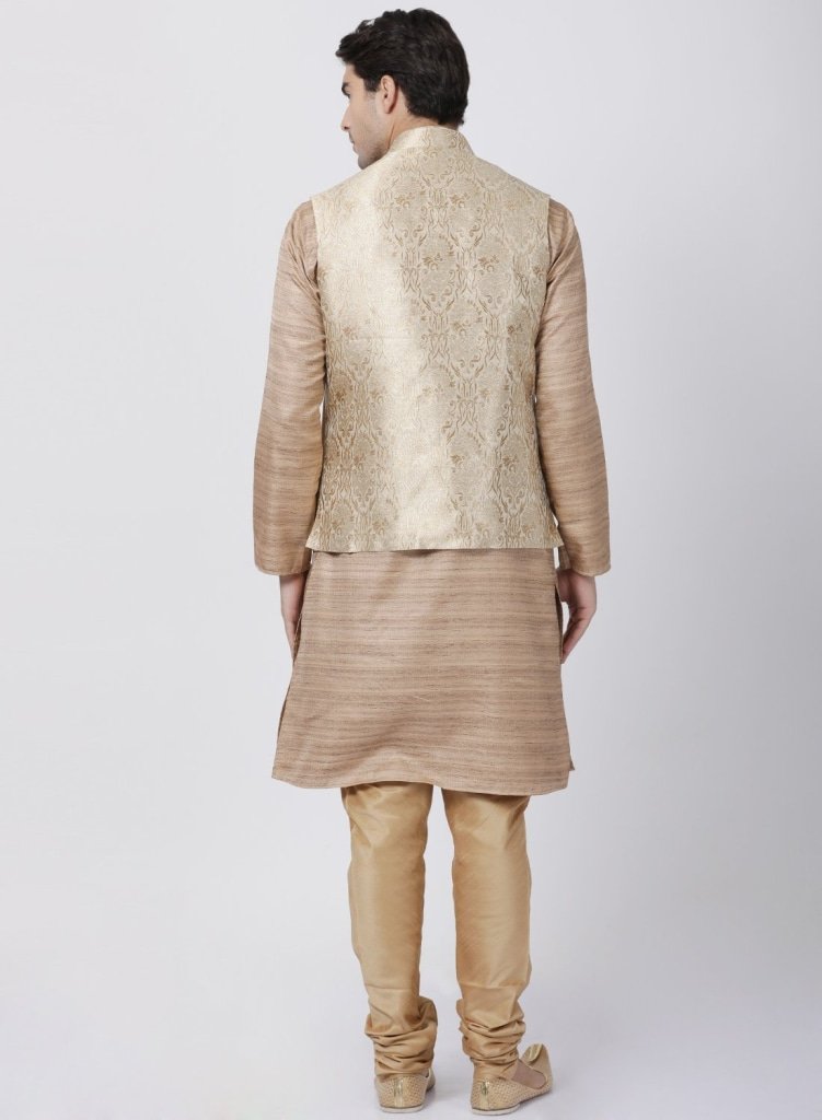 Men's Gold Cotton Silk Blend Kurta, Ethnic Jacket and Pyjama Set