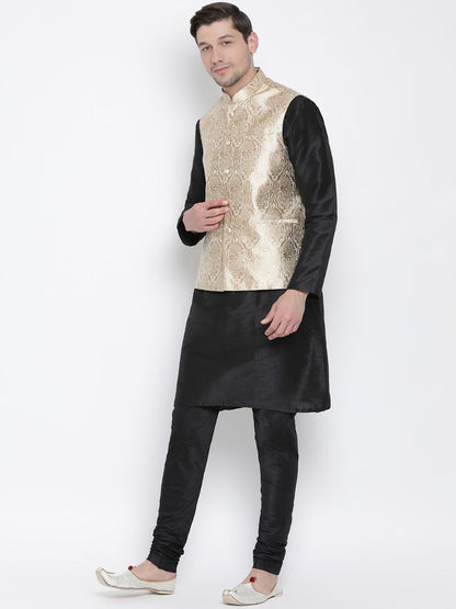 Men's Black Cotton Silk Blend Kurta, Ethnic Jacket and Pyjama Set