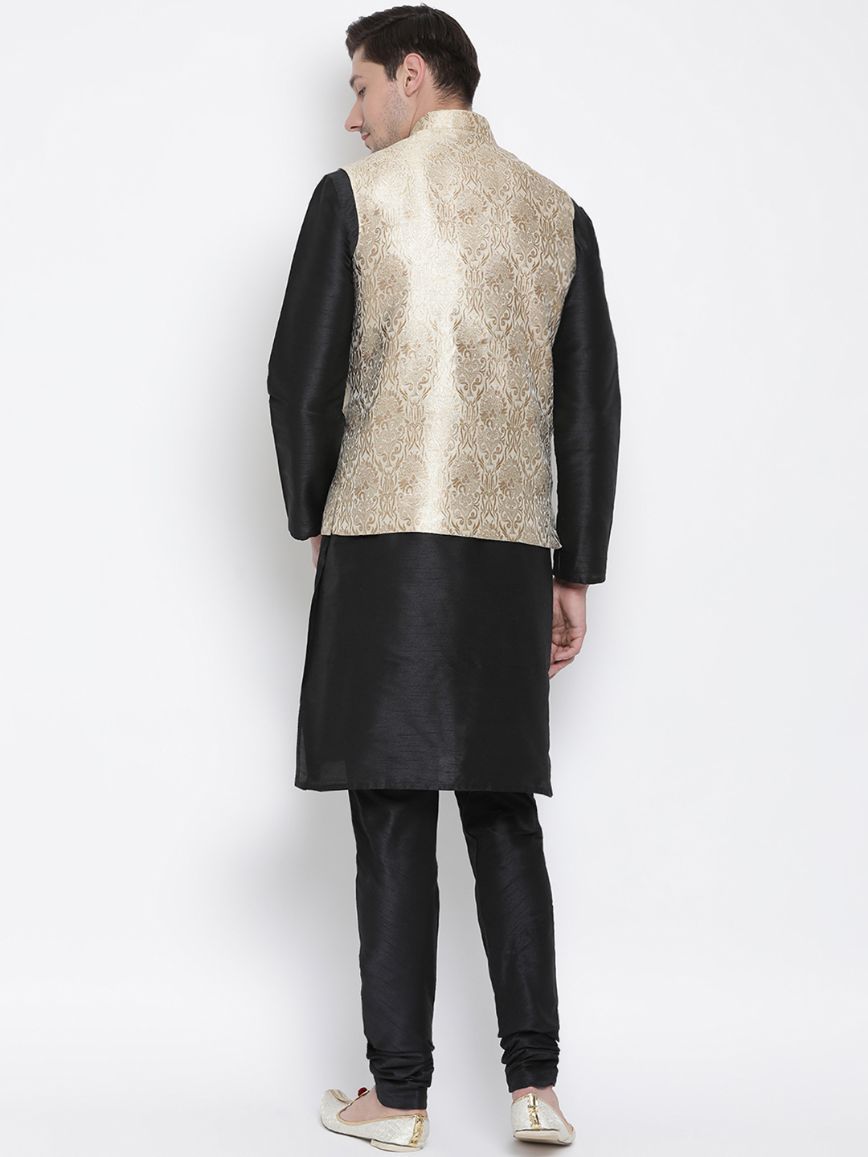 Men's Black Cotton Silk Blend Kurta, Ethnic Jacket and Pyjama Set