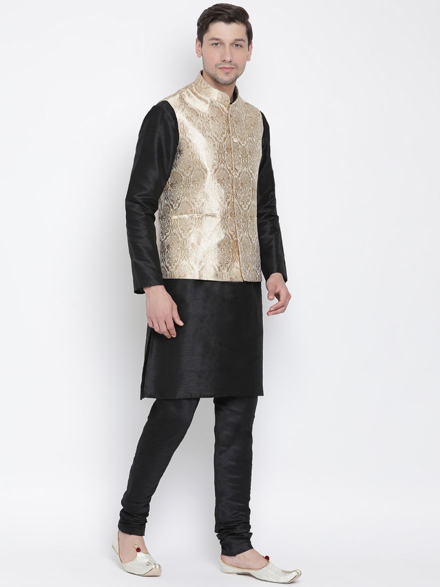 Men's Black Cotton Silk Blend Kurta, Ethnic Jacket and Pyjama Set