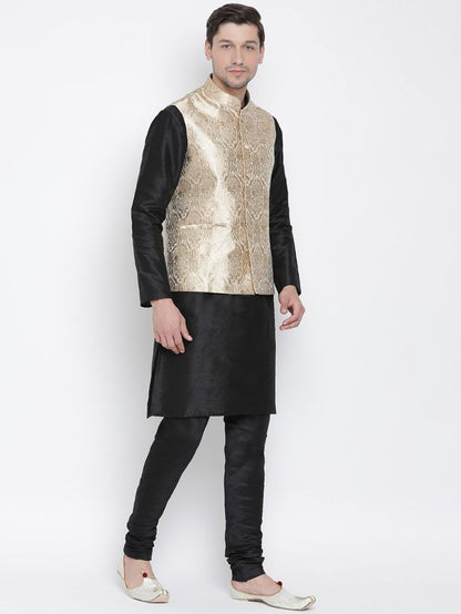 Men's Black Cotton Silk Blend Kurta, Ethnic Jacket and Pyjama Set